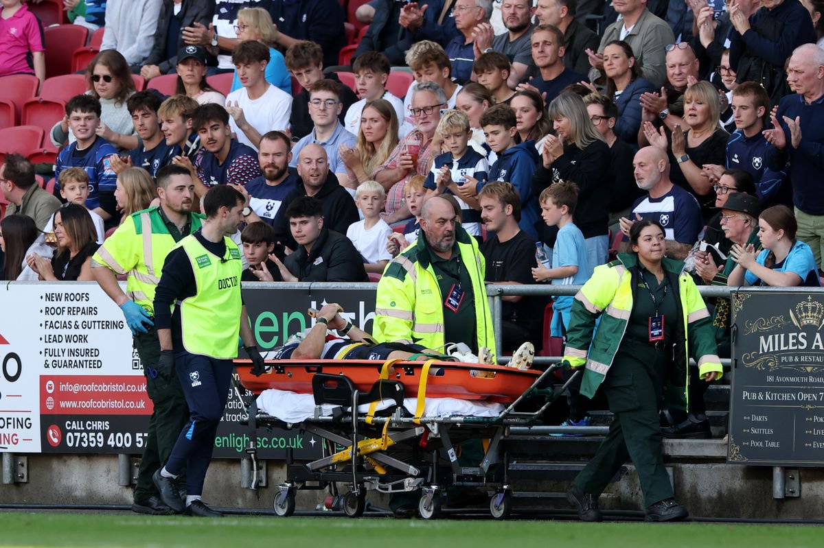 Benhard Janse van Rensburg of Bristol Bears is stretchered off 