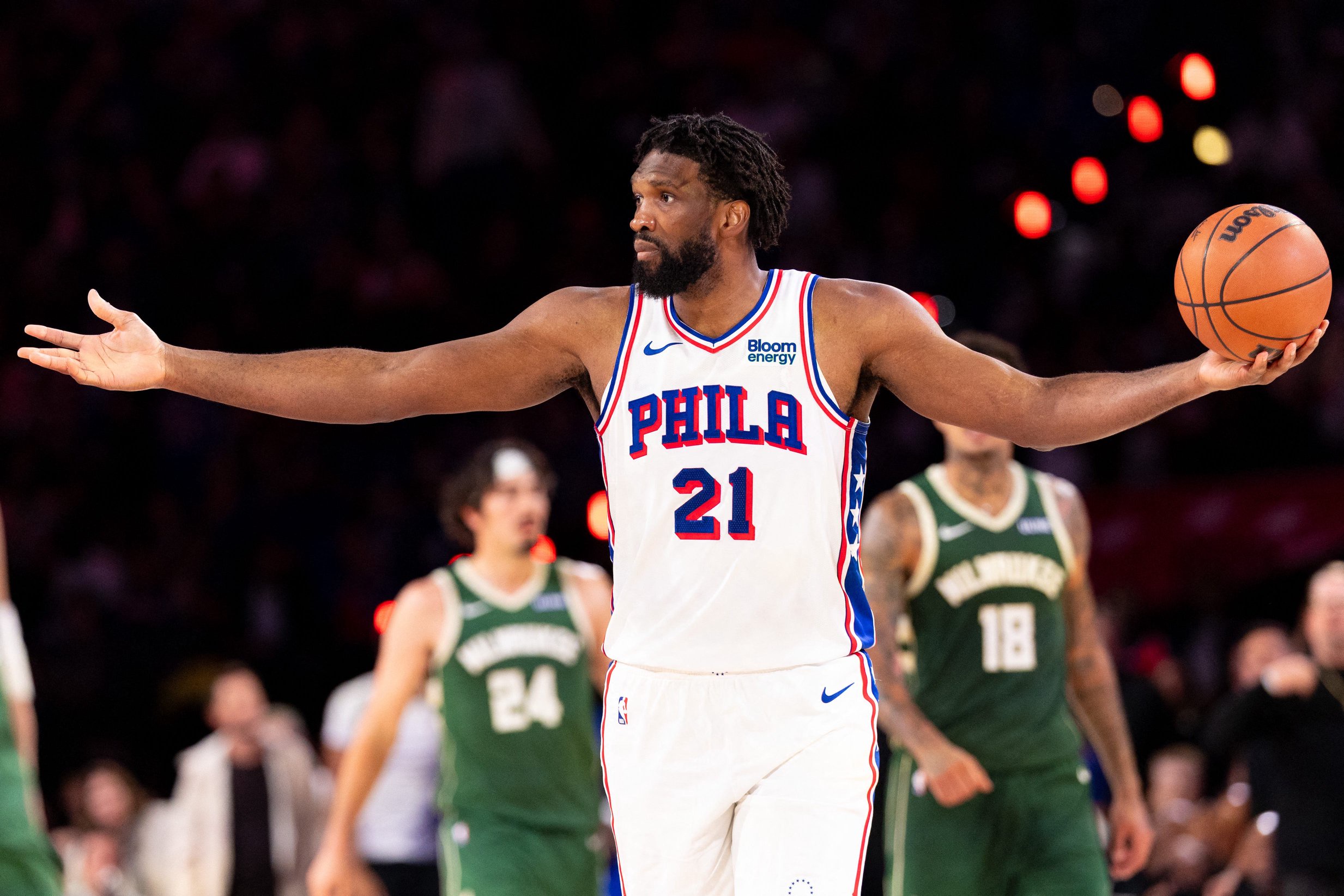Oct 24, 2026; Philadelphia, Pennsylvania, USA; Philadelphia 76ers center Joel Embiid (21) reacts after a play against the Milwaukee Bucks during the fourth quarter at Xfinity Mobile Arena. Mandatory Credit: Bill Streicher-Imagn Images