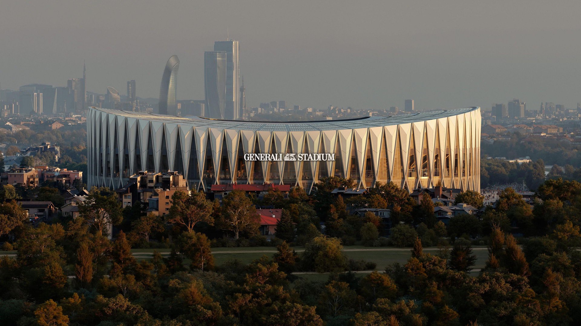 An exterior aerial graphic design of the planned Generali Stadium in Milan, Italy, which will be shared by AC Milan and Inter