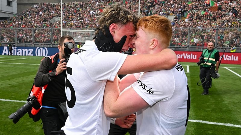 Kobe McDonald and Darragh Beirne of Mayo celebrate after the GAA Football All-Ireland Senior Championship final match between Kerry and Mayo at Croke Park in Dublin