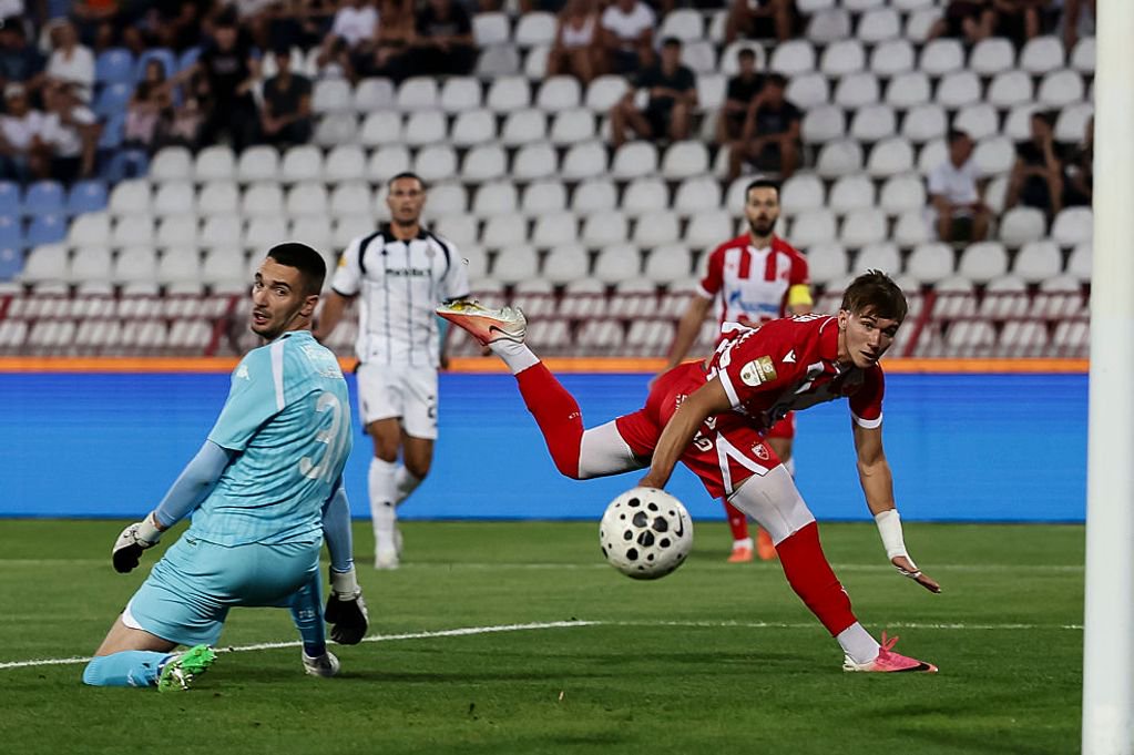 Red Star Belgrade's Vasilije Kostov (R) is said to be of interest to Coventry City