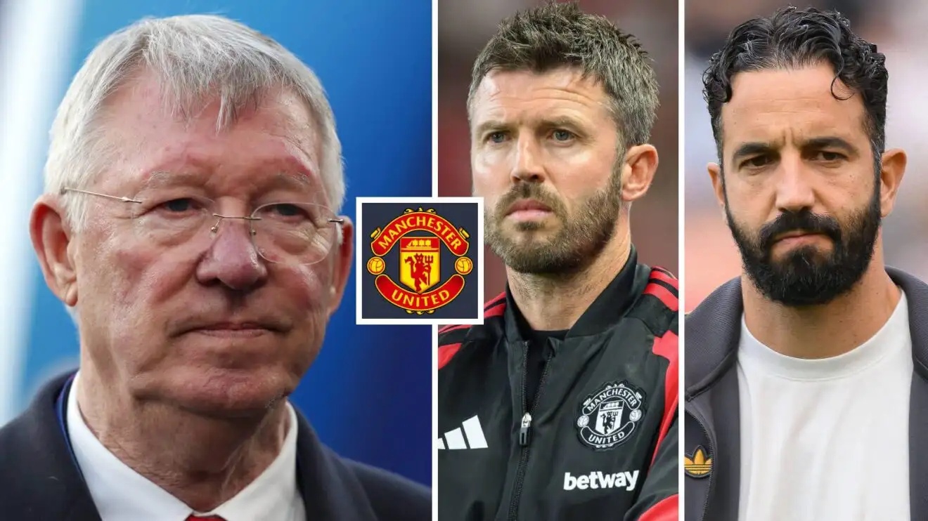 Michael Carrick, Sir Alex Ferguson and Ruben Amorim with the Manchester United badge