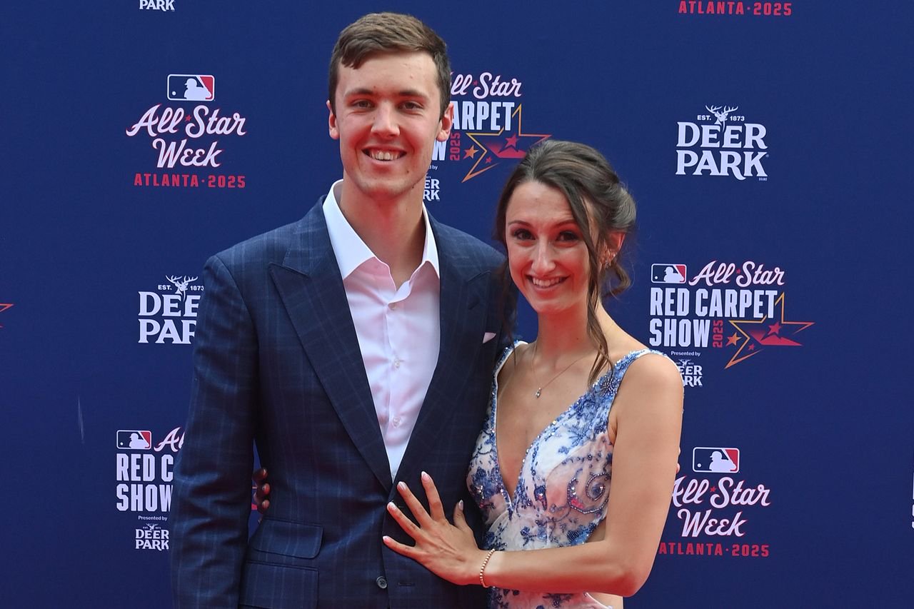 Jacob Misiorowski and fiancée Elle in July 2025Credit: Paras Griffin/Getty