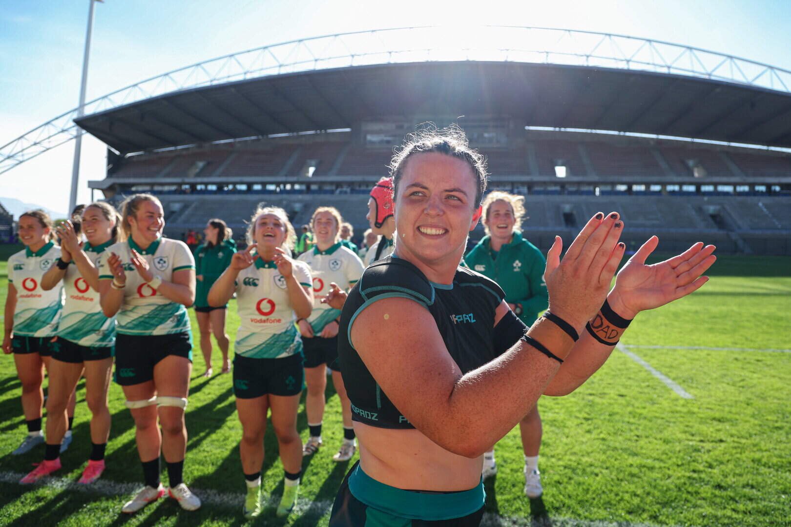 Brittany Hogan celebrates Ireland’s 13-point win over South Africa last Saturday in the first of two WXV Global Series showdowns at Athlone Stadium in Cape Town