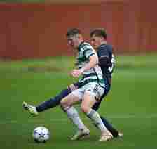 Marco Nazzaro of SS Lazio competes for the ball with Daniel Kelly of Celtic FC during the UEFA Youth League match between Celtic FC and SS Lazio at...