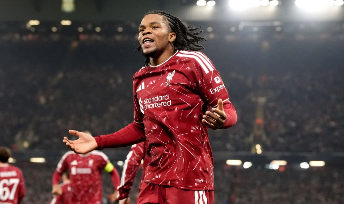 Liverpool's Rio Ngumoha celebrates after teammate Liverpool's Alexis Mac Allister (not pictured) scored their third goal during the UEFA Champions League match at Anfield, Liverpool.
