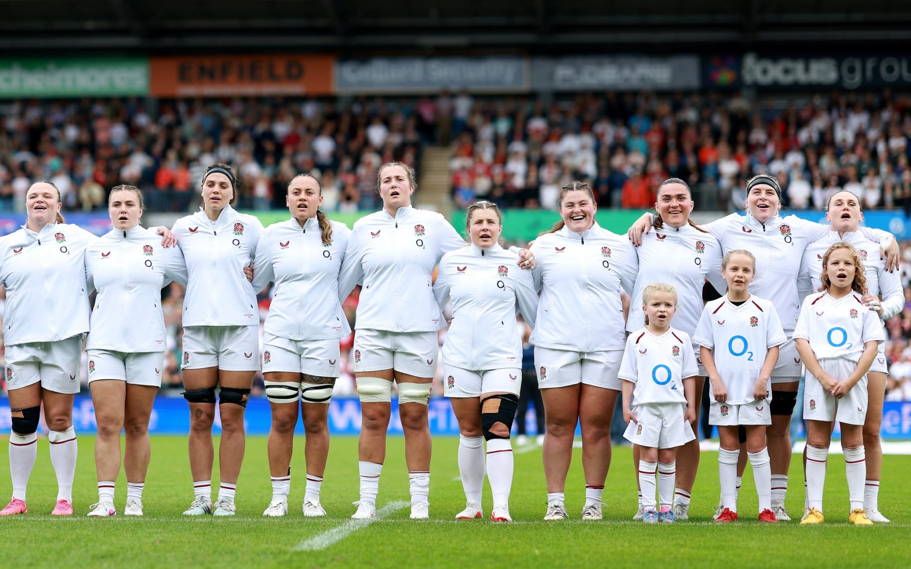 England line up for the anthem in the WXV Global Series against Canada in September