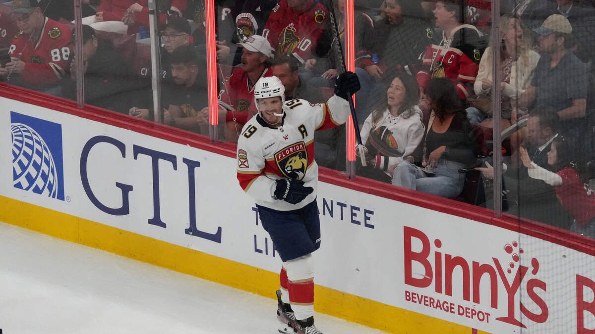 Oct 25, 2026; Chicago, Illinois, USA;  Florida Panthers left wing Matthew Tkachuk (19) celebrates his goal against the Chicago Blackhawks during the first period at United Center.  Mandatory Credit: David Banks-Imagn Images