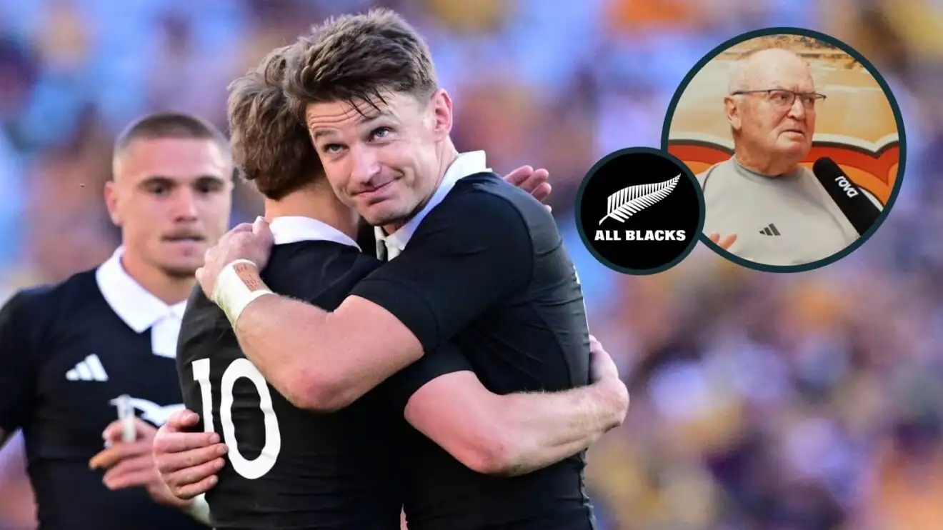 All Blacks Damian McKenzie and Beauden Barrett embrace and an inset of Sir Graham Henry.