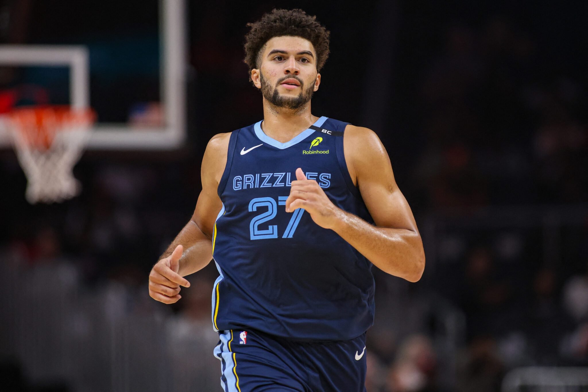 Oct 5, 2026; Atlanta, Georgia, USA; Memphis Grizzlies forward Cameron Boozer (27) in action against the Atlanta Hawks in the second quarter at State Farm Arena. Mandatory Credit: Brett Davis-Imagn Images