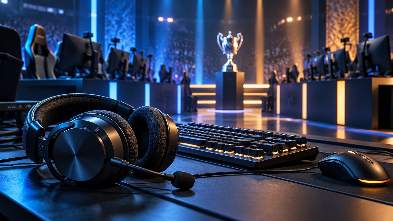 Esports headset and tournament trophy of Dota 2