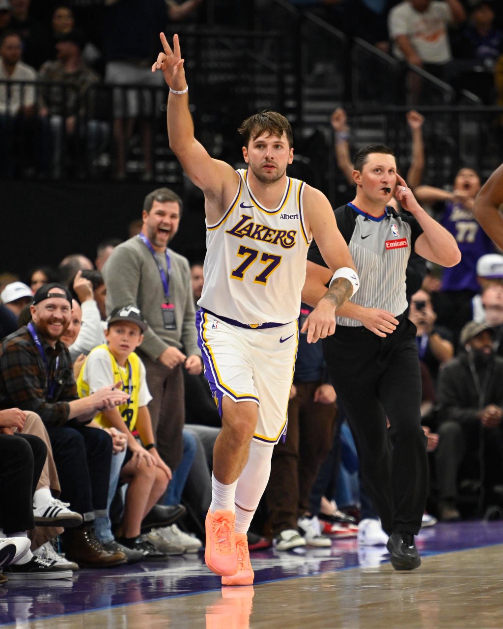 Luka Doncic #77 of the Los Angeles Lakers celebrates during the game against the Utah Jazz.
