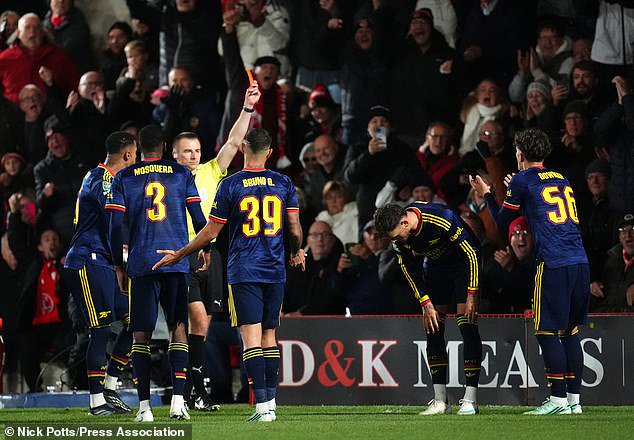 Max Dowman (far right) was sent off for his reaction to heavy challenge on him on Tuesday