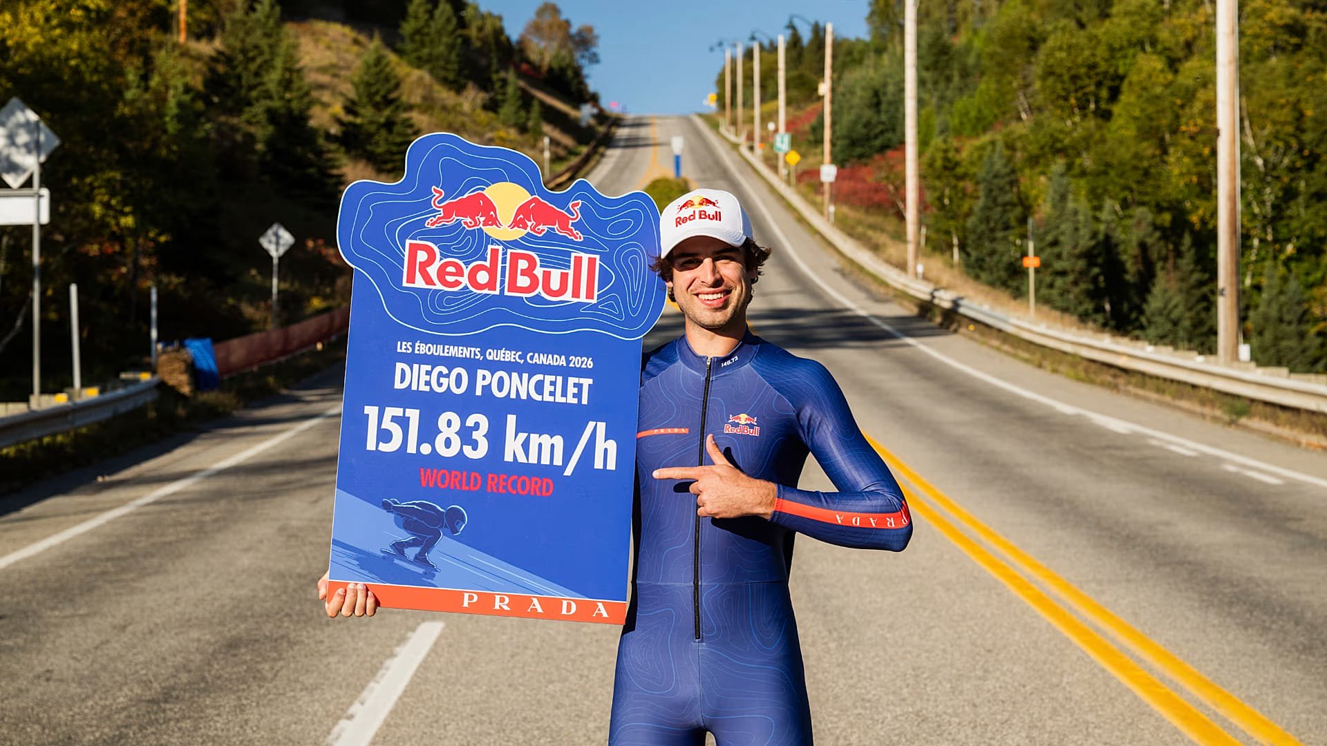 Diego Poncelet, après le record du monde de vitesse en skateboard, à Les Éboulements, Québec, Canada, le 22 septembre 2026