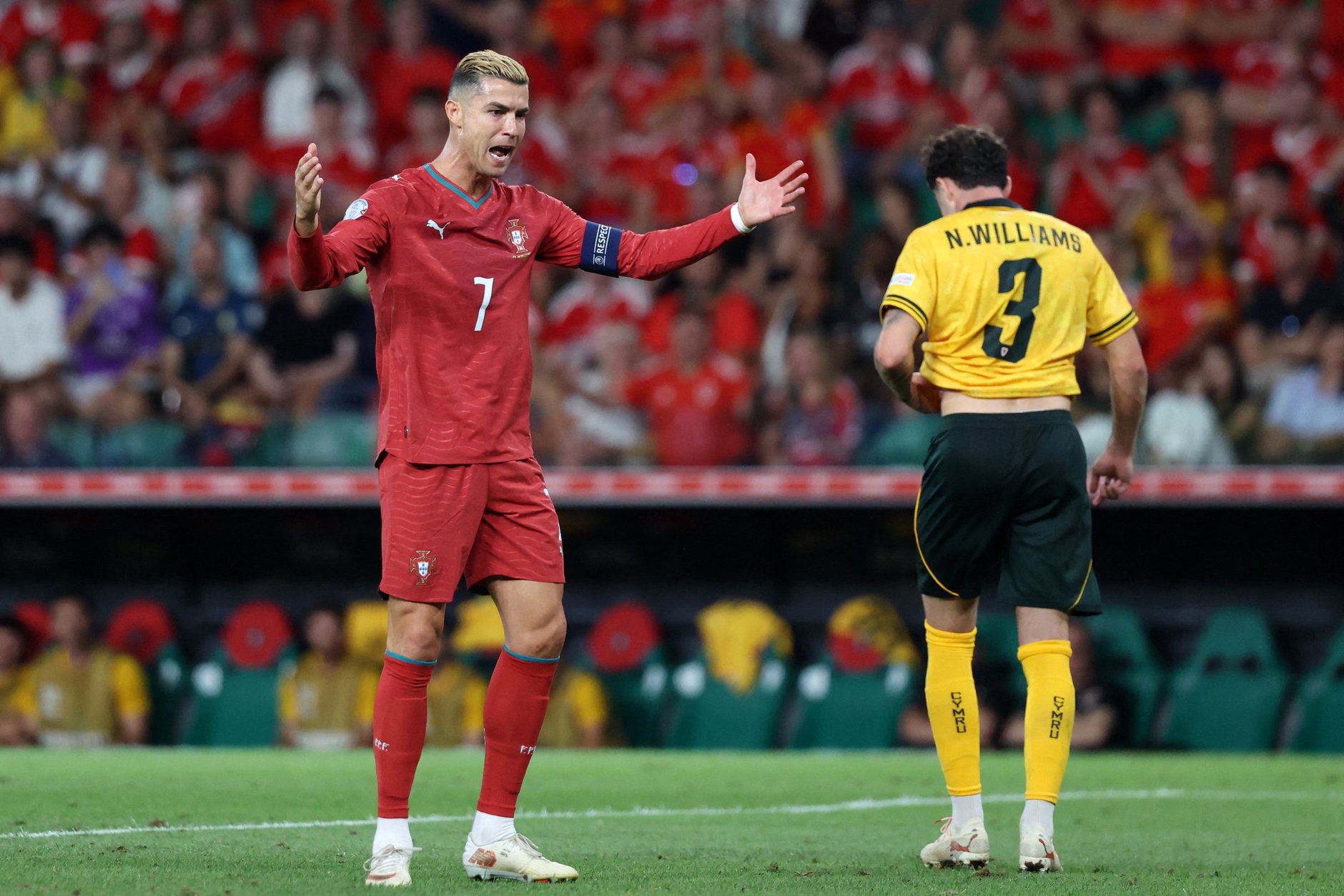 Cristiano Ronaldo gesticulates during Portugal's game against Wales
