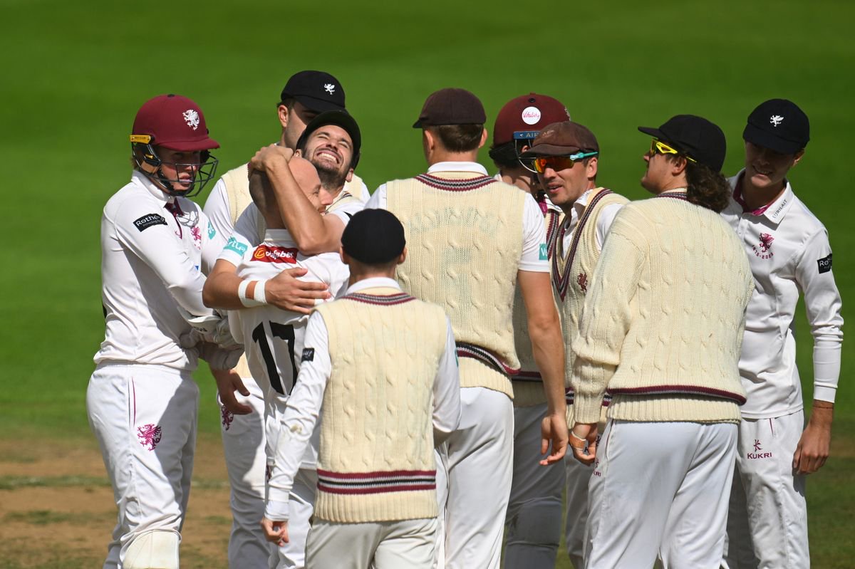 TAUNTON, ENGLAND - SEPTEMBER 11: Jack Leach of Somerset celebrates the wicket of George Hill of Yorkshire during Day Four of the Rothesay County Championship Division One match between Somerset and Yorkshire at The Cooper Associates County Ground on September 11, 2025 in Taunton, England.  (Photo by Harry Trump/Getty Images)