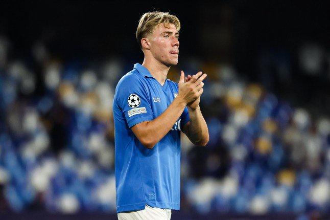 Mandatory Credit: Photo by Cesare Purini/Insidefoto/Shutterstock (17143257bj) Rasmus Hojlund of SSC Napoli claps the supporters during the UEFA Champions League 2026/2027 football match between SSC Napoli and Arsenal FC at Diego Armando Maradona stadium in Naples, (Italy), September 9, 2026. SSC Napoli v Arsenal FC, Champions League, Football, Diego Armando Maradona stadium, Naples, Italy - 09 Sep 2026