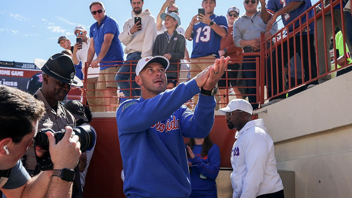 Jon Sumrall celebrates after Florida defeats Texas at Darrell K Royal-Texas Memorial Stadium.