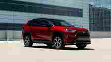 Red 2021 Toyota RAV4 Prime With Black Roof Parked Front 3/4 View