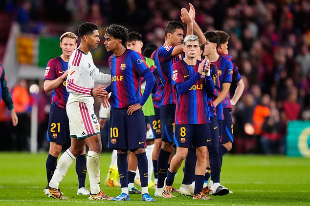Barcelona's Pedri applauds fans at the end of the Spanish La Liga soccer match between FC Barcelona and Real Madrid in Barcelona, Spain, Sunday, Oct. 25, 2026. (AP Photo/Jose Breton)