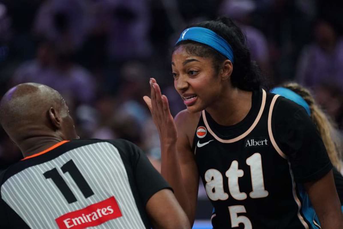 Oct 26, 2026; San Francisco, California, USA; Atlanta Dream forward Angel Reese (5) talks with referee Randy Richardson (11) during the game against the Golden State Valkyries in the third quarter of game five of the 2026 WNBA Finals at Chase Center. © David Gonzales-Imagn Images