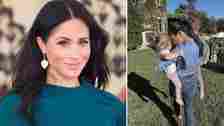 Meghan Markle smiling and carrying Archie and Lilibet