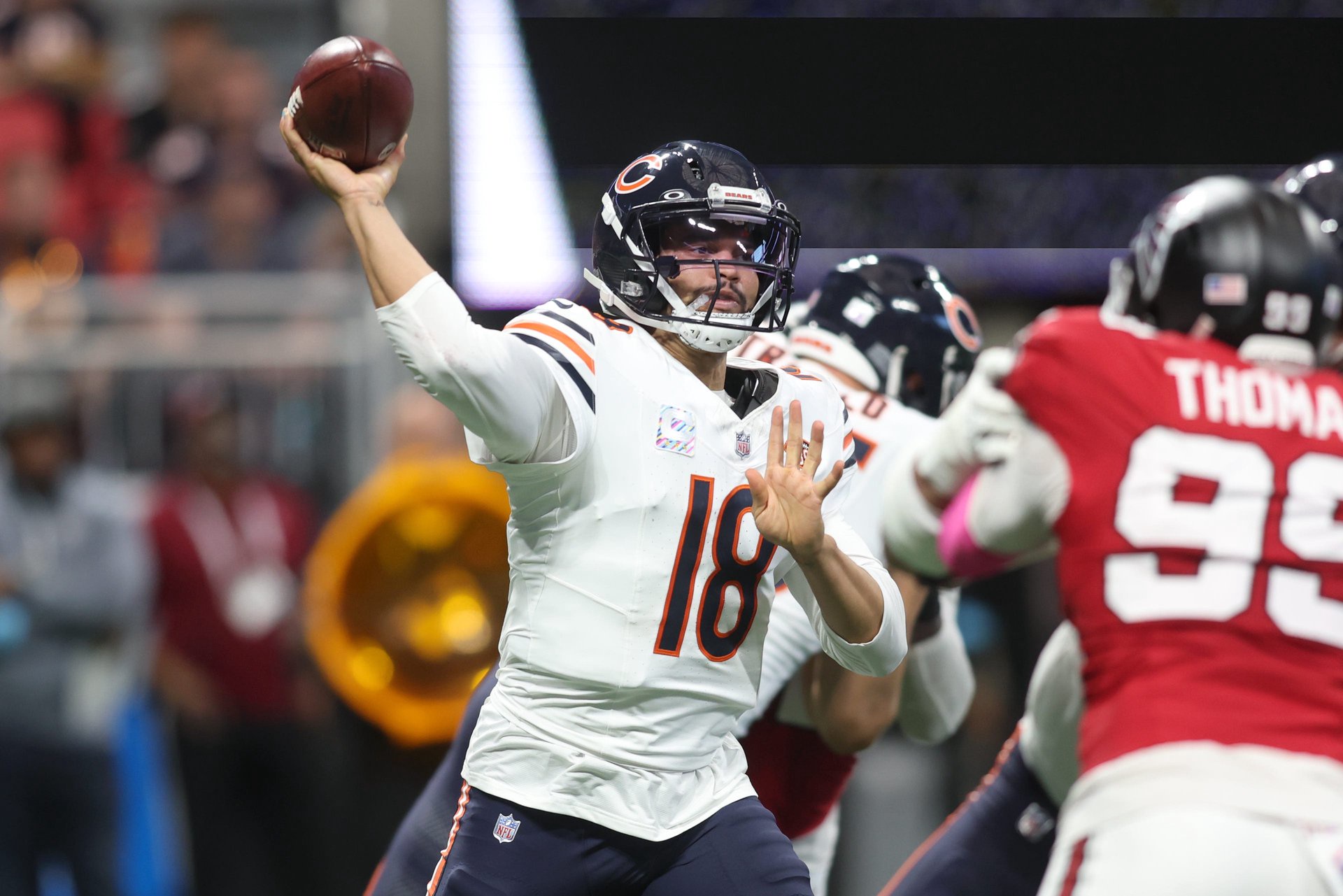 Oct 18, 2026; Atlanta, Georgia, USA;  Chicago Bears quarterback Caleb Williams (18) throws the ball against the Atlanta Falcons during the second quarter at Mercedes-Benz Stadium.  Mandatory Credit: Brett Davis-Imagn Images