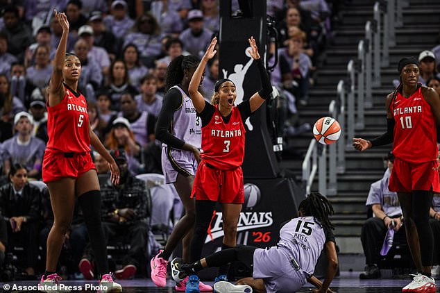 Atlanta Dream guard Jordin Canada (3) reacts after a foul called on her during the second half of Game 2 of the WNBA basketball finals against the Golden State Valkyries, Monday, Oct. 19, 2026, in San Francisco. (AP Photo/Justine Willard)