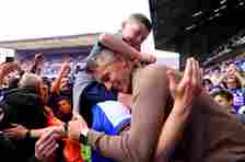 Kieran McKenna, Manager of Ipswich Town celebrates promotion to the Premier League following the Sky Bet Championship match between Ipswich Town and Huddersfield Town at Portman Road on May 04, 2024 in Ipswich, England.
