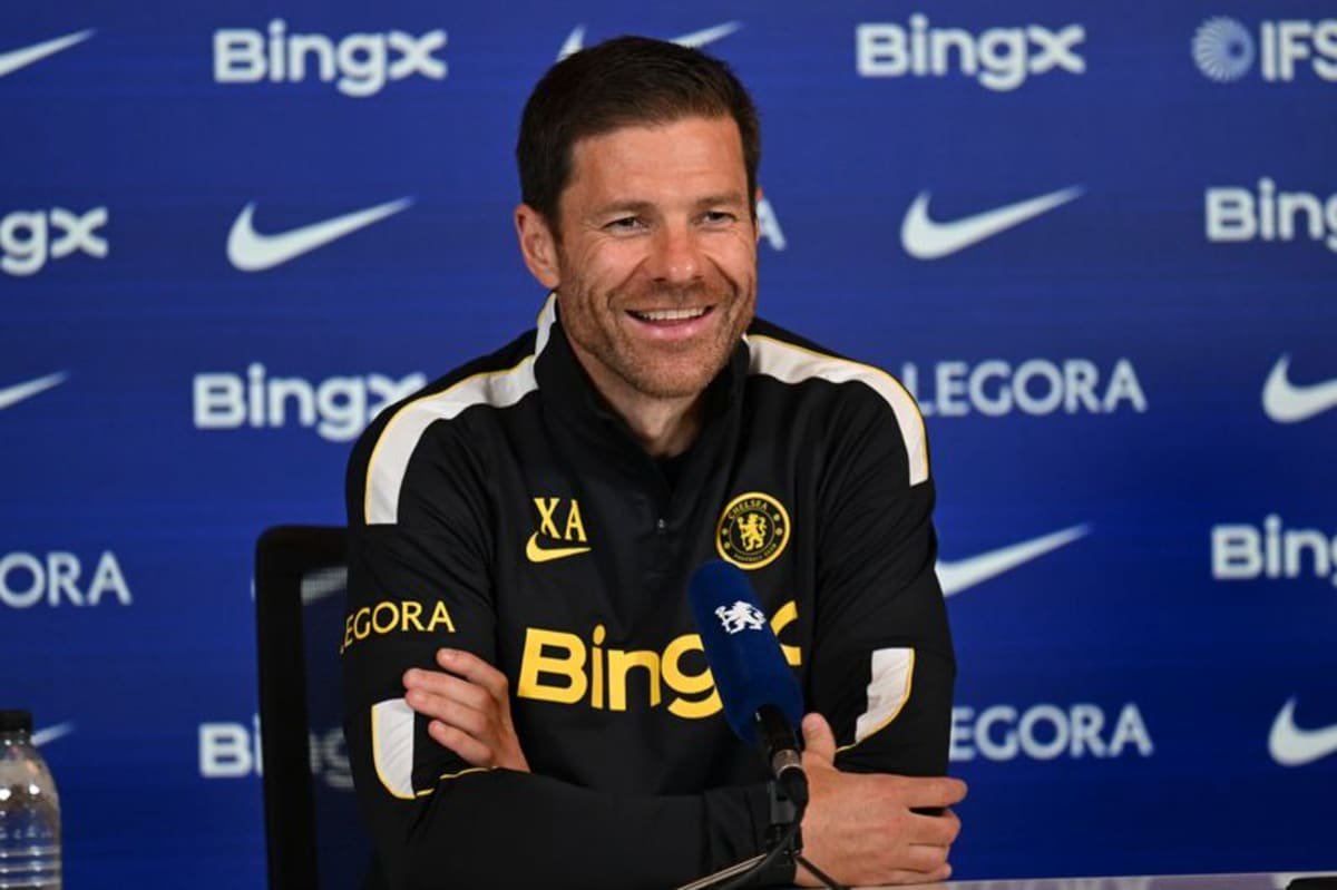 Manager Xabi Alonso of Chelsea speaks during a press conference at Chelsea Training Ground on August 20, 2026 in Cobham, United Kingdom