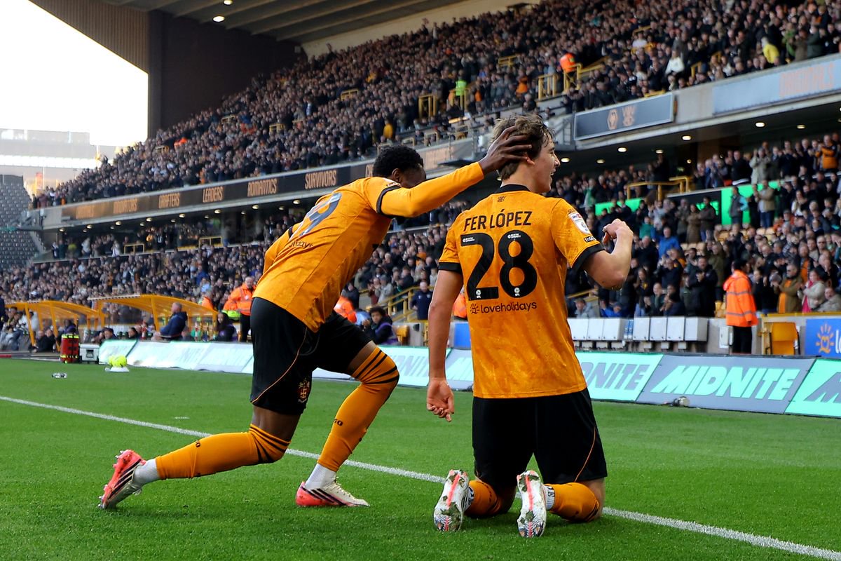 Fer Lopez of Wolverhampton Wanderers celebrates scoring against Cardiff City