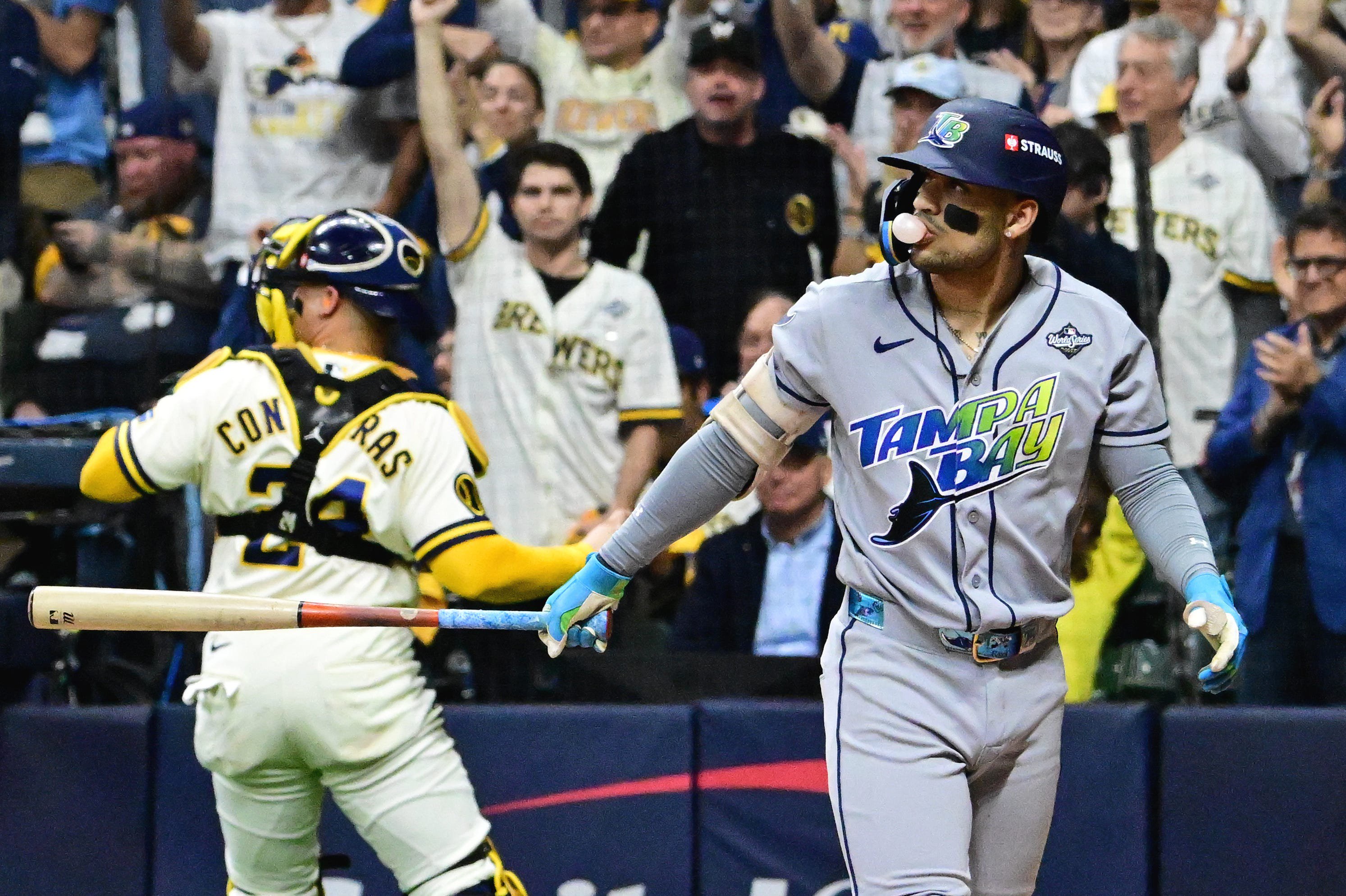 Victor Mesa Jr. (25) reacts after striking out in Game 1.