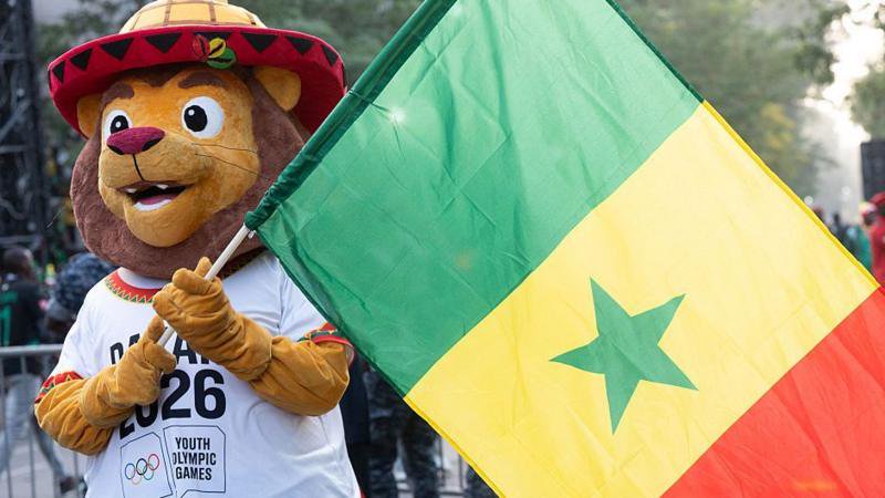 A friendly-looking lion mascot holding up a large national flag of Senegal on a pole. The mascot, called Ayo, wears a colourful red-and-yellow traditional-style hat and a white T-shirt featuring the logo for the Dakar 2026 Youth Olympic Games. The green, yellow, and red Senegalese flag with a green central star prominently fills the right side of the frame against an outdoor street backdrop with blurred crowd members and a metal crowd barrier