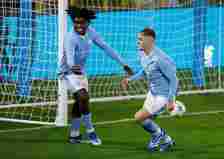Josh Adam of Manchester City celebrates his goal with Jaden Heskey during the UEFA Youth League Group G match between Manchester City and Rb Leipzi...