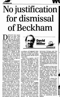Miller's 1998 column on David Beckham's red card at the 1998 World Cup