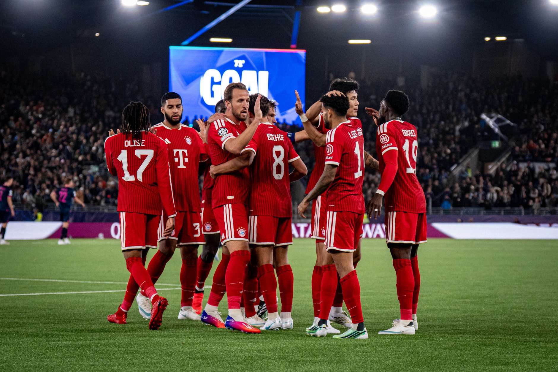 Bayern Munich players celebrate a goal against Viking