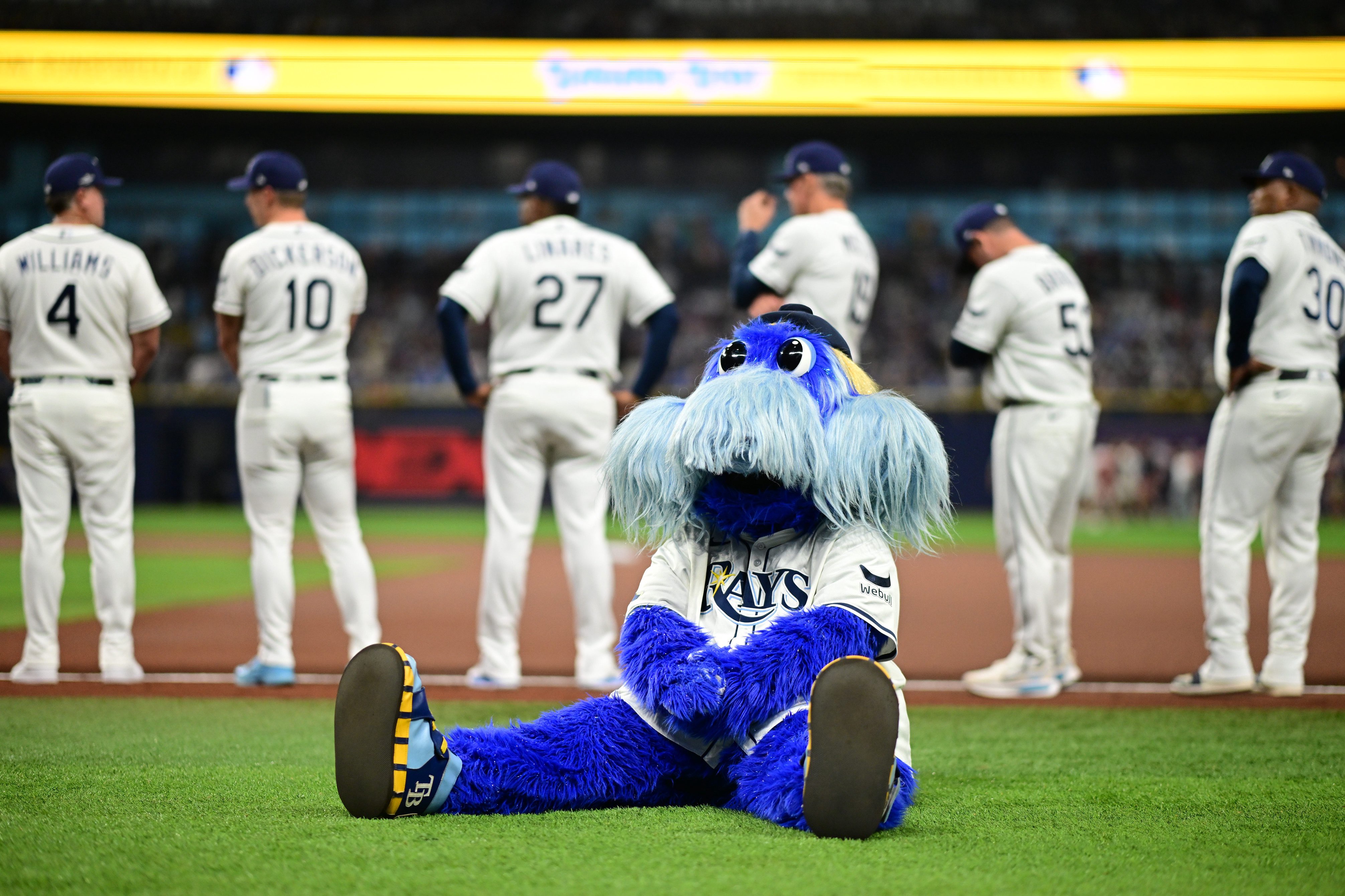 Tampa Bay Rays mascot Raymond takes the field before Game 1 of the American League Championship Series against the Cleveland Guardians at Tropicana Field on Oct. 12, 2026, in St. Petersburg, Florida. 