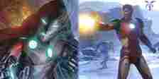 A split image showing comic cover art for Infamous Iron Man on the left, and Marvel's Avengers' Iron Man on the right.