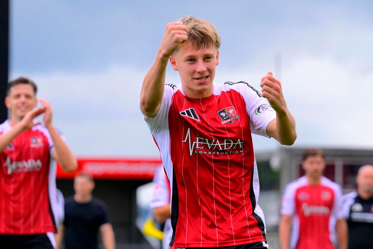 George Birch of Exeter City celebrates after winning during the Sky Bet League 2 Match between Exeter City and Rotherham United at St James Park, Devon on 3 October 2026. Photo: Frankie OKeeffe/PPAUK