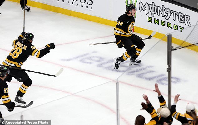 Boston Bruins forward James Hagens (44) celebrates after scoring a third-period goal during an NHL hockey game against the San Jose Sharks, Saturday, Oct. 24, 2026, in Boston. (AP Photo/Jim Davis)