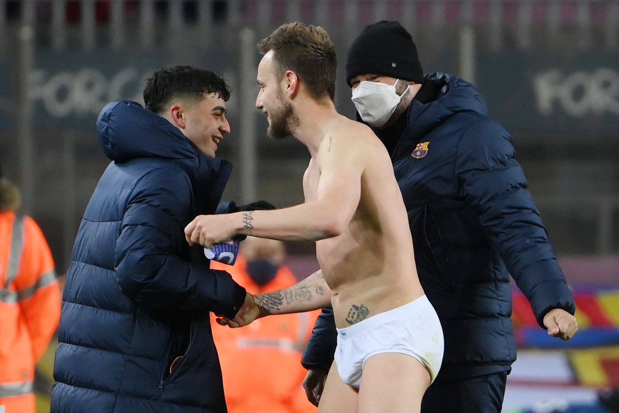 Rakitic embraced Barca matchwinner Pedri after the match