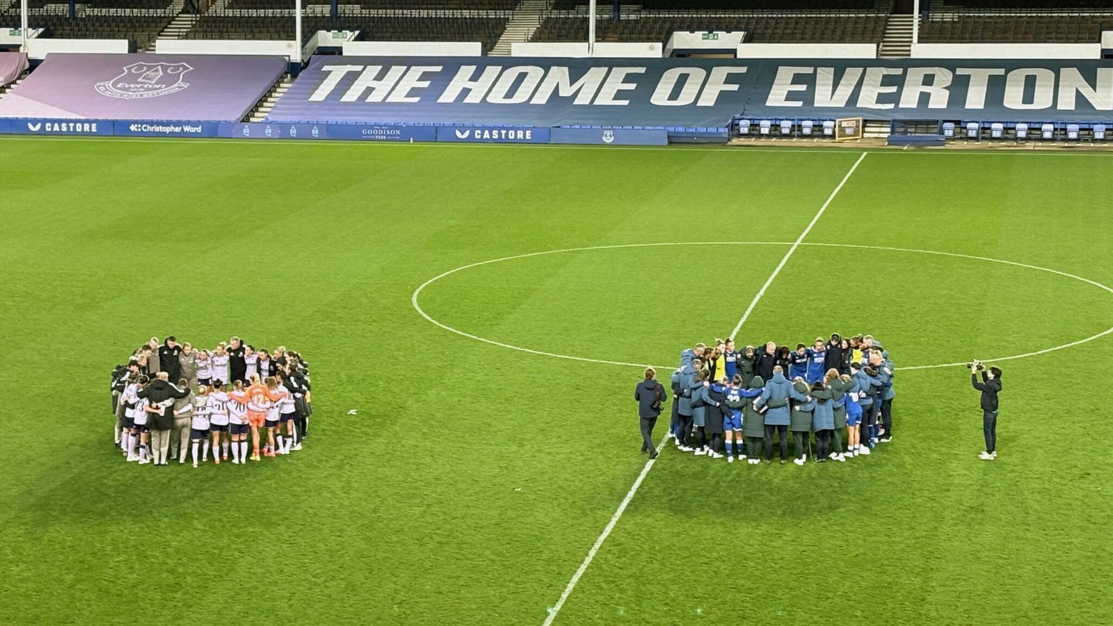 Teams Huddles Everton Women v Newcastle United Women Subway Players Cup Goodison Park