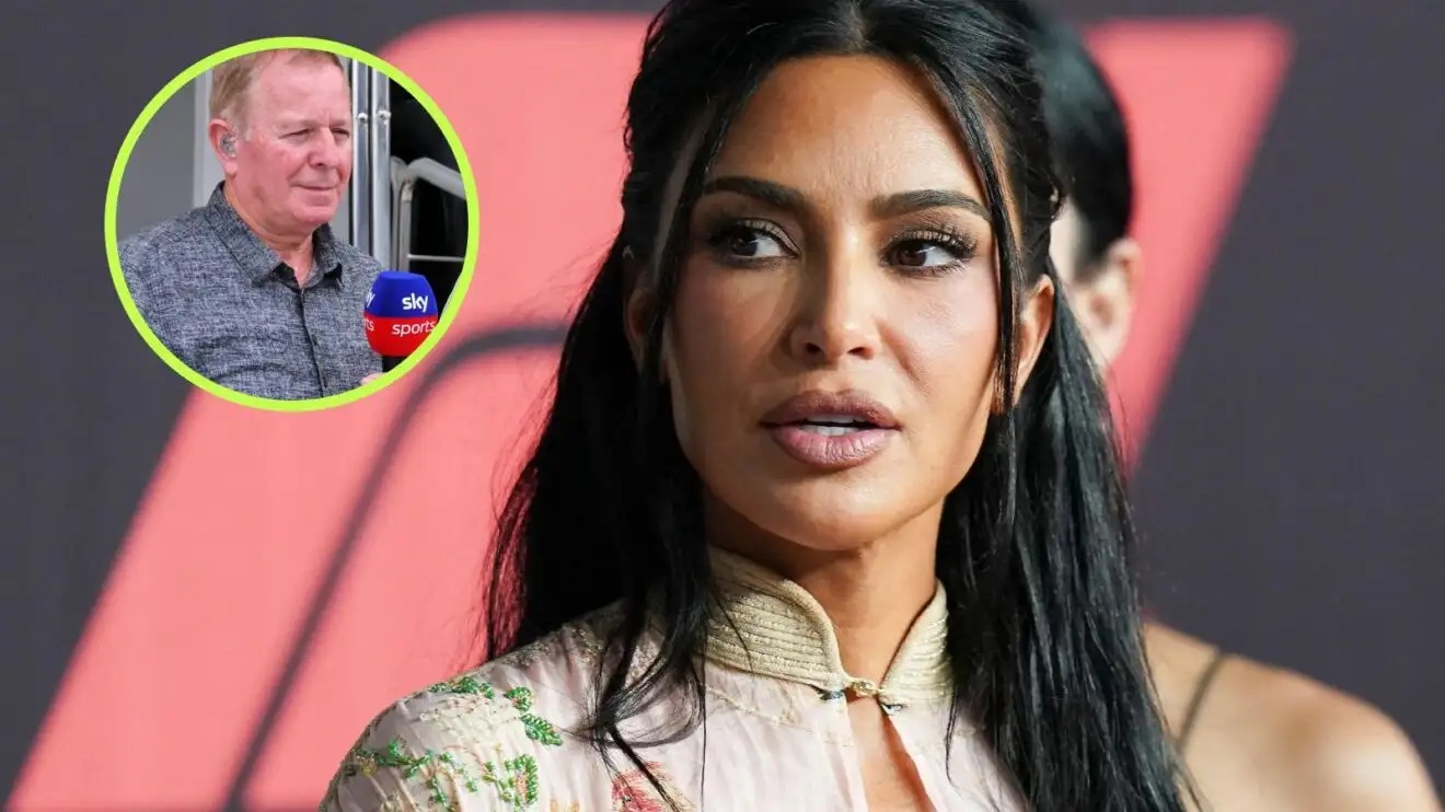 Kim Kardashian pictured at the 2026 Singapore Grand Prix, as Martin Brundle appears in a top left circle