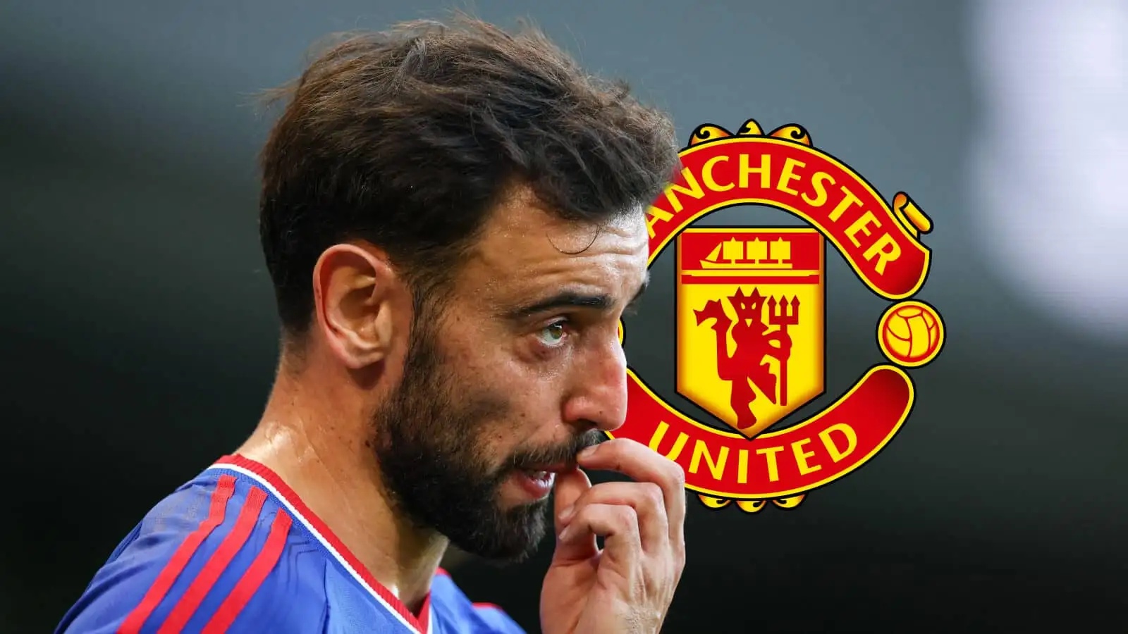 Man Utd superstar Bruno Fernandes next to Man Utd badge - copyright TEAMtalk