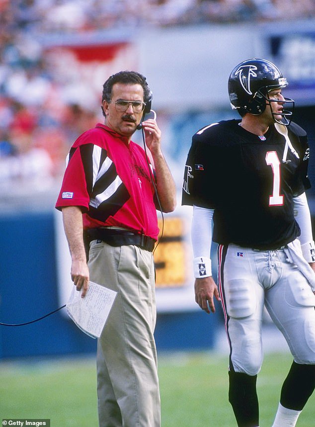 June Jones is seen on the headset alongside Falcons quarterback Jeff George in 1995