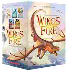 Boxed set of the first five "Wings of Fire" books by Tui T Sutherland with an illustration of a flyi...