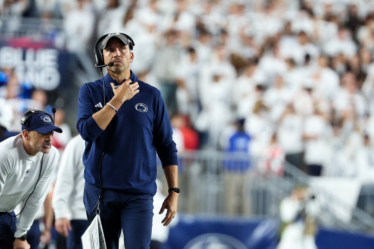 STATE COLLEGE, PENNSYLVANIA - OCTOBER 10: Head coach Matt Campbell of the Penn State Nittany Lions gestures on the sideline during the game against the USC Trojans  at Beaver Stadium on October 10, 2026 in State College, Pennsylvania. (Photo by Isaiah Vazquez/Getty Images)