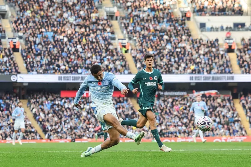 Iliman Ndiaye of Manchester City shoots on goal