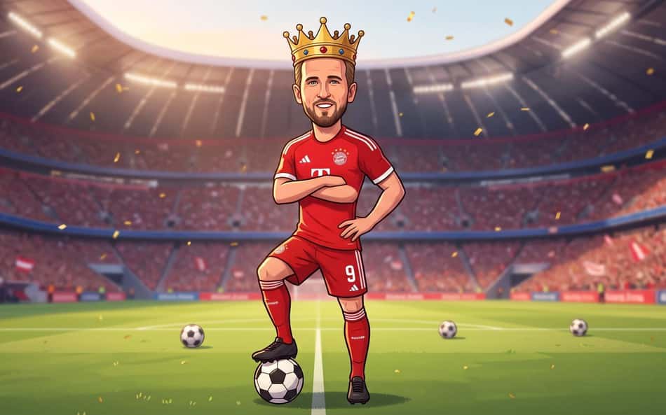 Harry Kane com coroa de rei e com a bola no pé