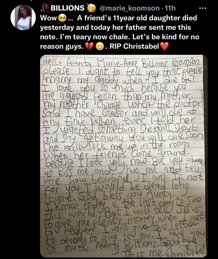 "Marry My Father" - Emotional Letter of 11-Year-Old Girl Who Just D!ed To a Lady Causes Stir On Social Media